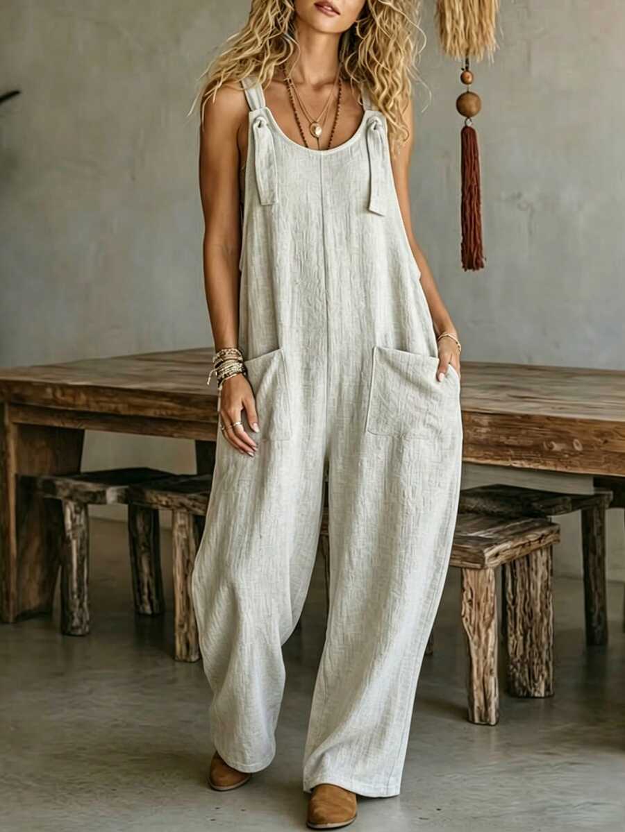 EMERY ROSE Solid Color Sleeveless U-Neck With Pocket Loose Summer Casual Jumpsuit - Light Grey - View 1