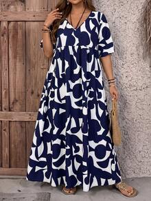 SHEIN CURVE+ 大尺碼 US22 音樂節海邊度假波希米亞風女款寬鬆碎花V領短袖娃娃洋裝教師裙 - 彩色 - 查看 4