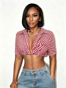 Mistrie Summer Cotton-Feel Red And White Plaid Short Shirt, Women's Deep V Twist-Front Short-Sleeved Shirt Y2K Sexy Street Vacation - Multicolor - View 4