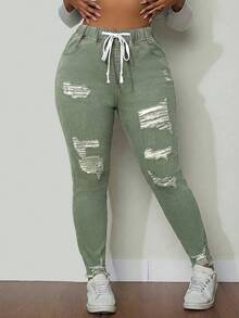 SHEIN SXY 大尺碼女款破洞彈性腰多功能牛仔褲 - 軍綠色 - 查看 3
