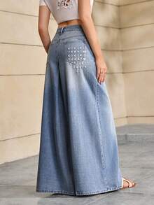 Selenza Women's Pocket Button Casual Versatile Daily Wear Wide Leg Denim Jeans Daily Light Blue Summer/Heavy-Duty Floral Embroidered Jeans - Blue - View 1