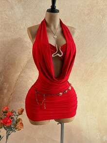 Soleia Women's Cowl Neck Backless Halter Mini Dress,No Breast Pads - Red - View 3