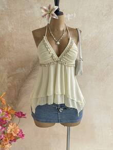 Soleia Women's Vacation Tassel Decor Lace Patchwork Pleated Halter Neck Tie Tank Top Beach Beige Summer Tropical Boho - Apricot - View 3