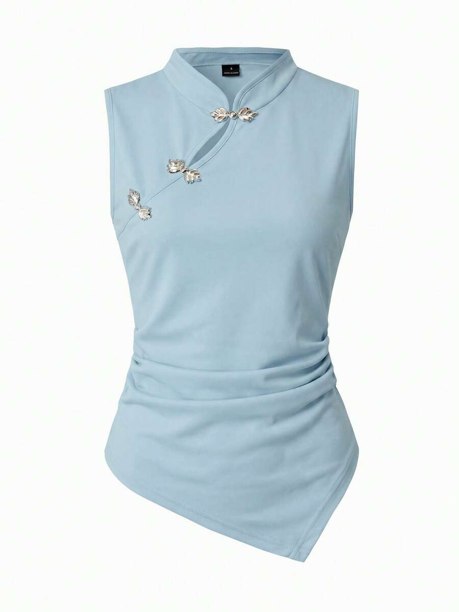 SHEIN Franclia 女款盤扣設計百褶不對稱下擺背心上衣 - 薄荷藍 - 查看 1