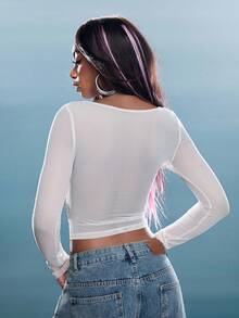 Denimoi Mesh Long Sleeve Top With Lace Up Corset Detail Sexy Tops Sheer Tops Concert Outfits GNO - Grey - View 7