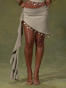 MUSERA Minifalda de cintura baja asimétrica con adornos de cuentas y dobladillo de concha, drapeada con nudo y lazo lateral, solo Bottom, para primavera, verano, vacaciones, Ibiza, salir de noche, sexy, Sweetly Wild - Gris Claro - View 2
