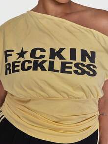 MUSERA Yellow Off The Shoulder Graphic Slogan Printed Cinched Ruched Waist Top - Yellow - View 6