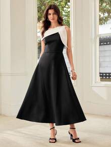 MOTF PREMIUM VESTIDO DE MODA PARA MUJER CON PATCHWORK, LAZO Y HOMBRO ASIMÉTRICO - Blanco y Negro - Ver 4