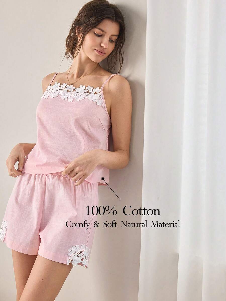 Ocili 100%纯棉提花刺绣柔软舒适吊带睡衣套装(女士款) - 粉色 - 查看 1