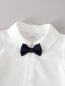 Back To School Season Girls' British Academy Style 2-Piece Dress Set, 4-7 Years Old Children's School Uniform, Peter Pan Collar Long Sleeve Shirt Paired With Elegant Bow Decor, Double-Breasted V-Neck Vest Dress Set, Girls' Spring/Summer Light Formal Piano Performance Outfit, Campus Choir Uniform, Stylish Everyday Princess Dress - Royal Blue - View 7
