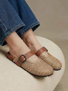Solecia Women's Shoes Spring And Summer New Woven Grain Pattern, Gold Woven Tape Design, Buckle, Round Toe Design, Slip-On Exposed Heel, Comfortable And Simple Vacation, Women's Flat Shoes, A Must For Commuting, Casual And Versatile - Brown - View 8