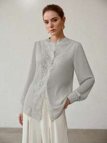 MOTF PREMIUM WOMEN'S ELEGANT LACE TRIM LONG SLEEVE BLOUSE - Light Grey - View 3