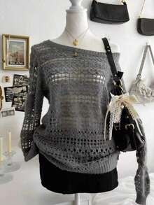 Lalippa Women's Solid Color Asymmetrical Shoulder Long Sleeve Hollow Out Loose Sweater - Grey - View 1