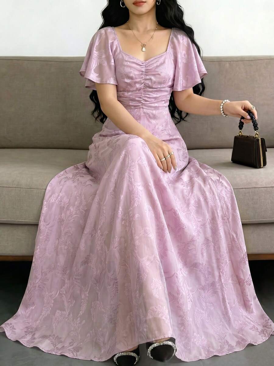 Modelyn Summer French Elegant V-Neck Ruffle Sleeve Purple Ruched Waist Dress - Purple - View 1