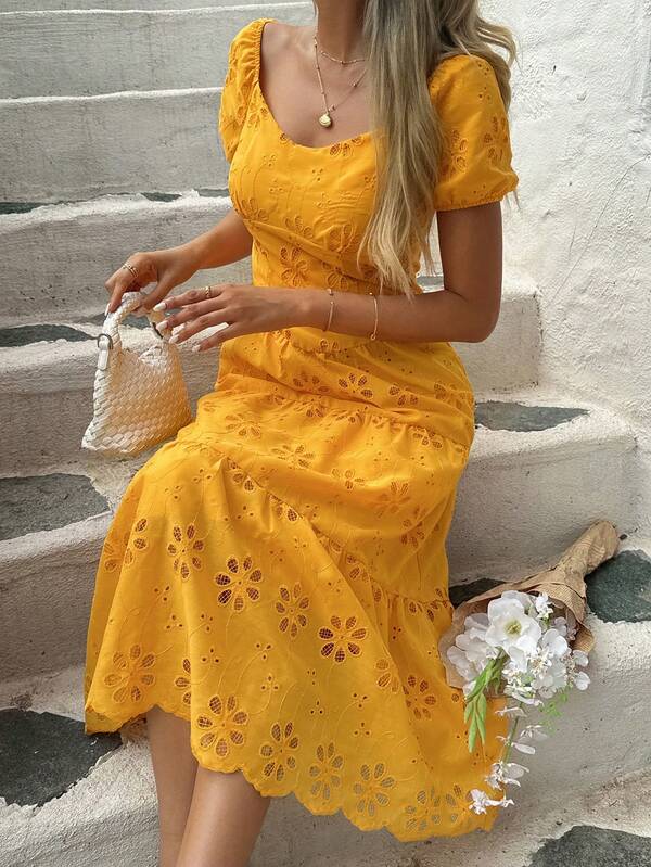 Joudiya Spring Summer V-Neck Fashion Embroidered Waist-Cinching Flared Mid-Length Women's Dress