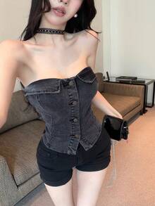 DAZY 夏季修身性感破洞水洗牛仔上衣 女款 Y2K 風格 - 黑色 - 查看 1
