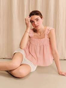 lacRébo Pink And White Striped Square Neck Blouse Loose Fit Ruffle Sleeves Open Back Self Tie Bow Summer Holiday Romantic Cute Vintage Vacation Tea Party - Pink - View 6