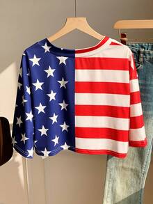 Comfortcana Red White And Blue Stripe Drop Shoulder V-Neck T-Shirt Independence Day Music Summer Casual Streetwear Vacation Rave - Multicolor - View 2