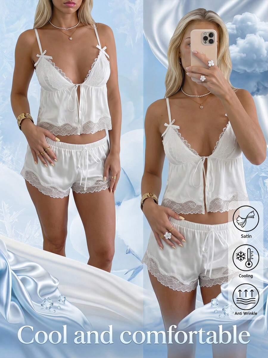 CovetEZ Conjunto de pijama de 2 piezas con camisola de encaje blanco dulce y lazo, pijama de descanso minimalista y femenino adecuado para verano, hogar, vacaciones, moda Y2K, elegante - Blanco - Ver 1