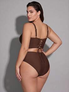 Shapewave Plus Size Solid Color Minimalist Daily Swimwear Set Gym Summer - Coffee Brown - View 2