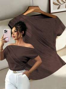 Elenzga Women's Spring/Summer New Elegant Sexy Asymmetric Shoulder Design Textured Pleated Minimalist Solid Color Loose Fit Slimming Suitable For Dark Brown - Brown - View 1