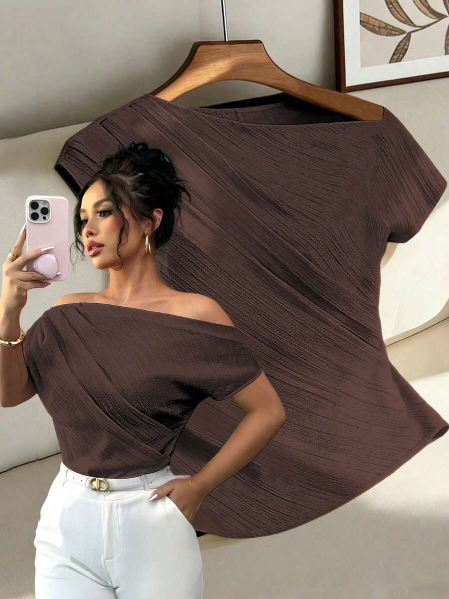 Elenzga Women's Spring/Summer New Elegant Sexy Asymmetric Shoulder Design Textured Pleated Minimalist Solid Color Loose Fit Slimming Suitable For Dark Brown - Brown - View 1