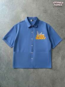 LOONEY TUNES X SHEIN PAVTROS 男士联名短袖衬衫，复古工装风，怀旧风，个性化定制，美式复古，卡通文化，极简休闲风，日常通勤，轻商务，节日礼物 - 霧霾藍 - 查看 3