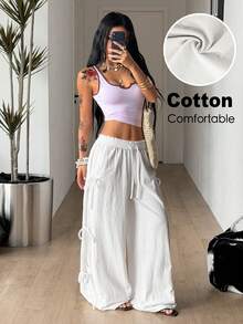Coolane Women's Autumn Vacation Casual Vintage Boho Daily Wear Cotton Comfortable Straps White Baggy Pants Vacation Outfits Women White Pants - White - View 1