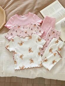 SHEIN LMoss Kids 女嬰熊/草莓/花卉印花荷葉邊上衣與長褲家居服 3套 6件組 - 彩色 - 查看 2