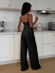ZzzCrew Exquisite Mesh Embroidered Frill Trim Slim Fit Camisole & Long Pants Women's Pajama Set - Black - View 2