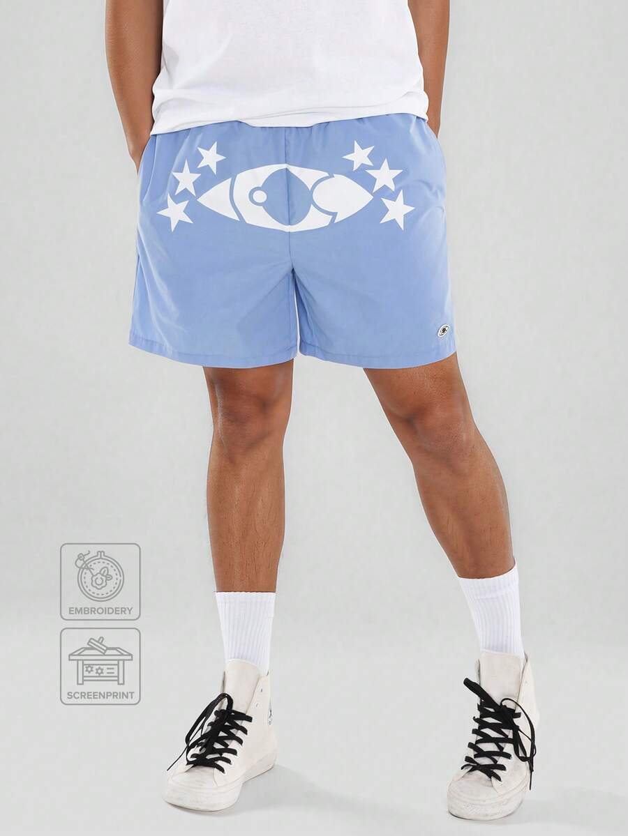 FORM&CHAOS Men's Loose Waist Elastic Waist Printed Light Blue Shorts, Summer - Baby Blue - View 1