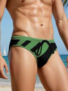ZELFYO Men Color Block Drawstring Waist Swim Brief Solid Racer Brief, Hawaiian, Holiday - Army Green - View 3