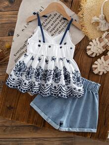 SHEIN Elladie kids 夏季法式田園風刺繡吊帶上衣與純色牛仔短褲套裝，幼童極簡風格，適合戶外活動，居家舒適，輕鬆適應校園生活以及與親友聚會 - 藍色 - 查看 3