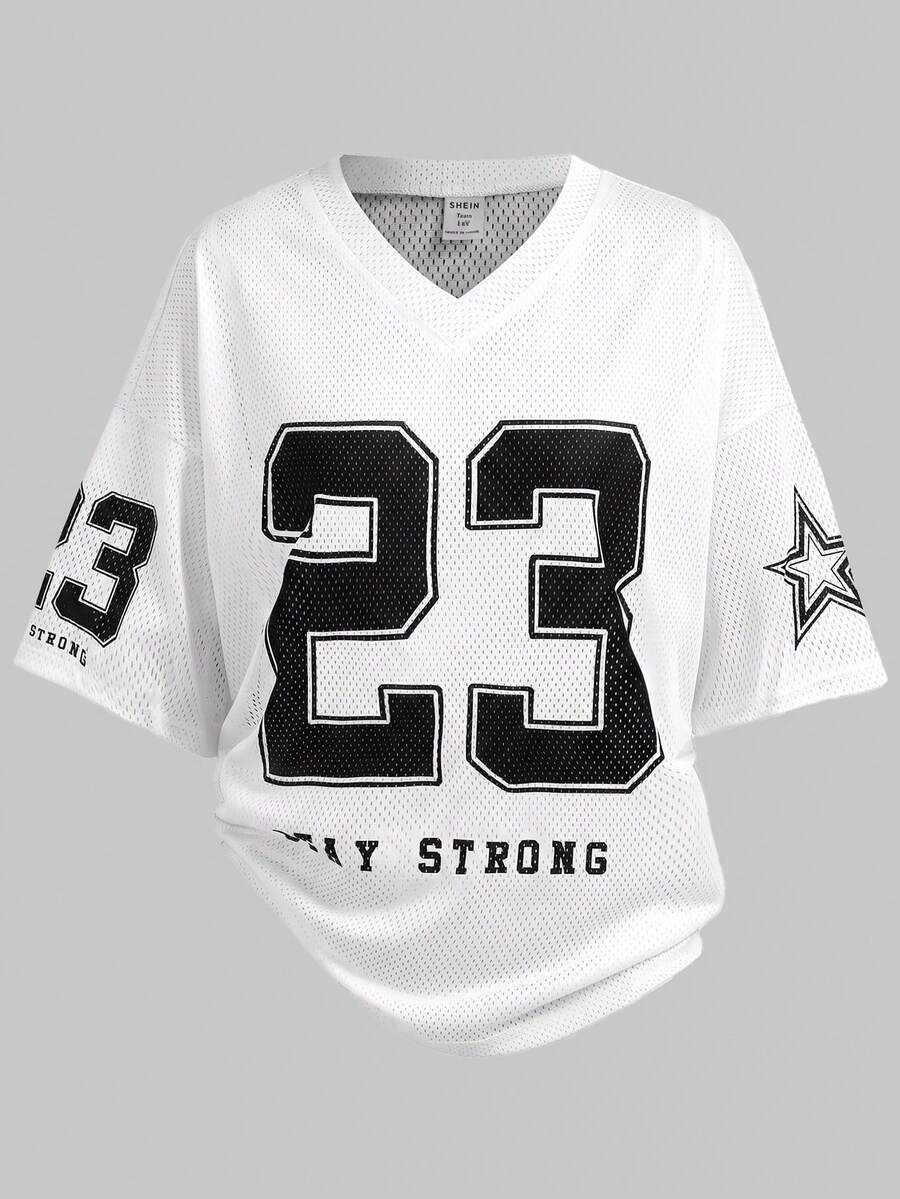 SHEIN Girlism 青少年女孩 T-Shirt 休閒簡約字母數字圖案 23T-Shirt 白色 球賽穿搭 適合夏季 適合球賽 - 白色 - 查看 1