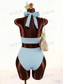 Slaydiva Plus Size 2-Piece Minimalist Casual Summer Women's Halter Neck Separated Fashion Vacation Beach Swimsuit Set - Multicolor - View 3