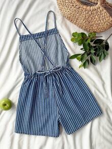 SHEIN Teen Girls Navy Blue Thin Stripe Denim Loose Halter Top And Bottom Shorts For Rave Outfits Summer Casual Back-To-School Prom - Blue - View 2