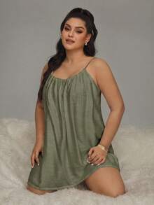 HautHeat Plus Size Women's Solid Color Pleated Casual Cami Nightgown - Army Green - View 7