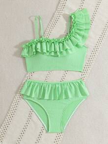 SHEIN Tween Girls Bikini Sets, Blue And White Patchwork Striped Cute Ruffle Asymmetrical Shoulder Flounce Adjustable Strap Ruffle Trim Triangle Bikini Two Pieces Swimsuit Set - Green - View 3