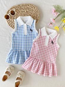 SHEIN Playful Pals 2件組女嬰夏季領口格紋洋裝，適合外出、休閒、運動、派對 - 彩色 - 查看 10