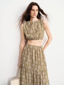 Aveloria Modichic Summer Hollow Embroidery Floral 3D Heavy Fabric Khaki Off-Shoulder Sleeveless Cropped Loose Top Patchwork A-Line Long Skirt Women's 2-Piece Set Sexy - Green - View 5