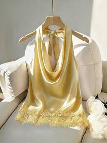 SHEIN Franclia 新款優雅性感蕾絲拼接荷葉邊領垂墜領女款背心上衣 - 黃色 - 查看 1