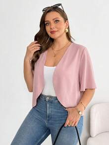 Chaqueta de punto negra de manga corta básica, versátil y cómoda para uso diario, de moda casual para mujer talla grande, abrigos de verano, blusas para salir, ropa de oficina, vacaciones - Rosa - Ver 4