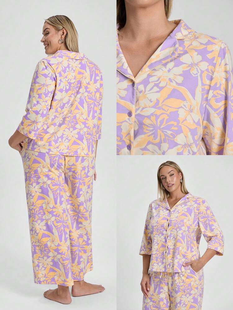 Plus Size Purple & Yellow Floral Pajama Set