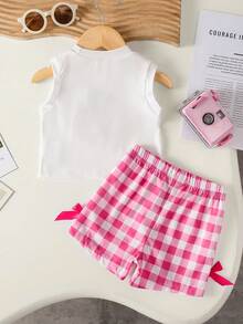 SHEIN Playful Pals 女嬰夏季藍色套裝 紋理無袖上衣 藍色格紋短褲 飾有藍色蝴蝶結 日常出遊必備 - 粉色 - 查看 3