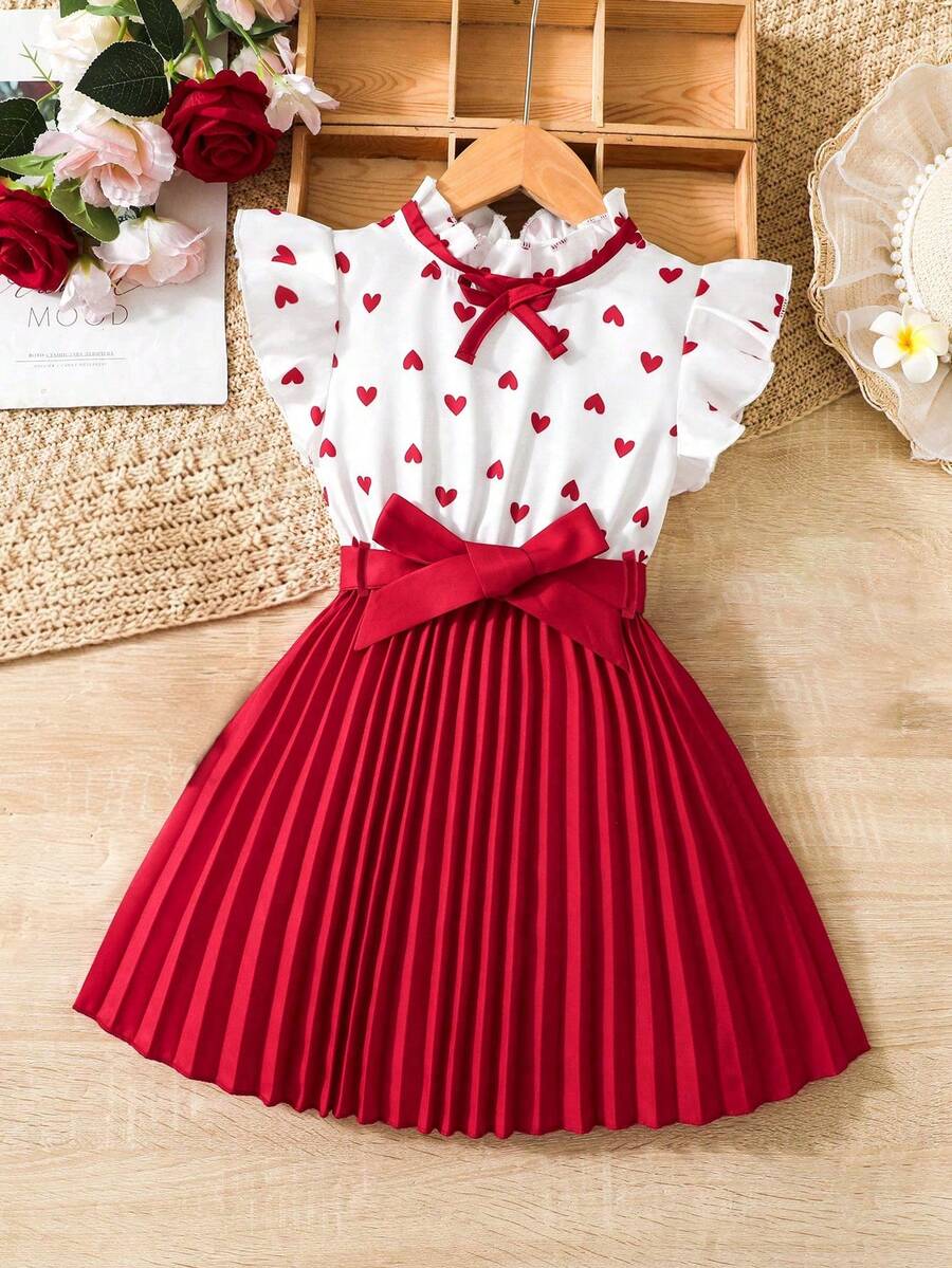 SHEIN 心形图案拼接下摆褶皱腰带少女连衣裙 - 彩色 - 查看 1