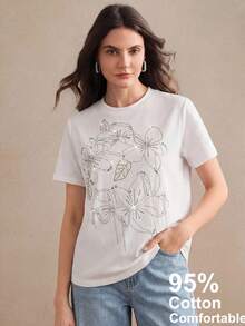 Anewsta Elegant Women's Top, Minimalist Casual Summer Sequin Embroidered Short Sleeve T-Shirt, 95% Cotton Top - White - View 7
