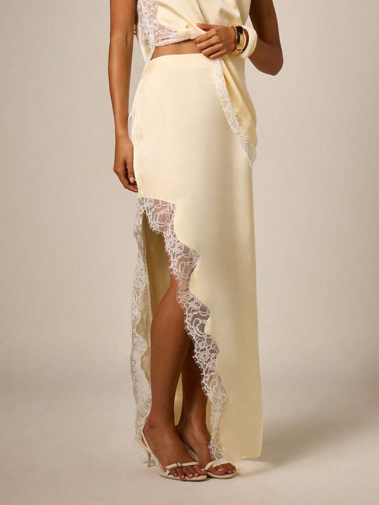 Satin Maxi Skirt With Lace Trim