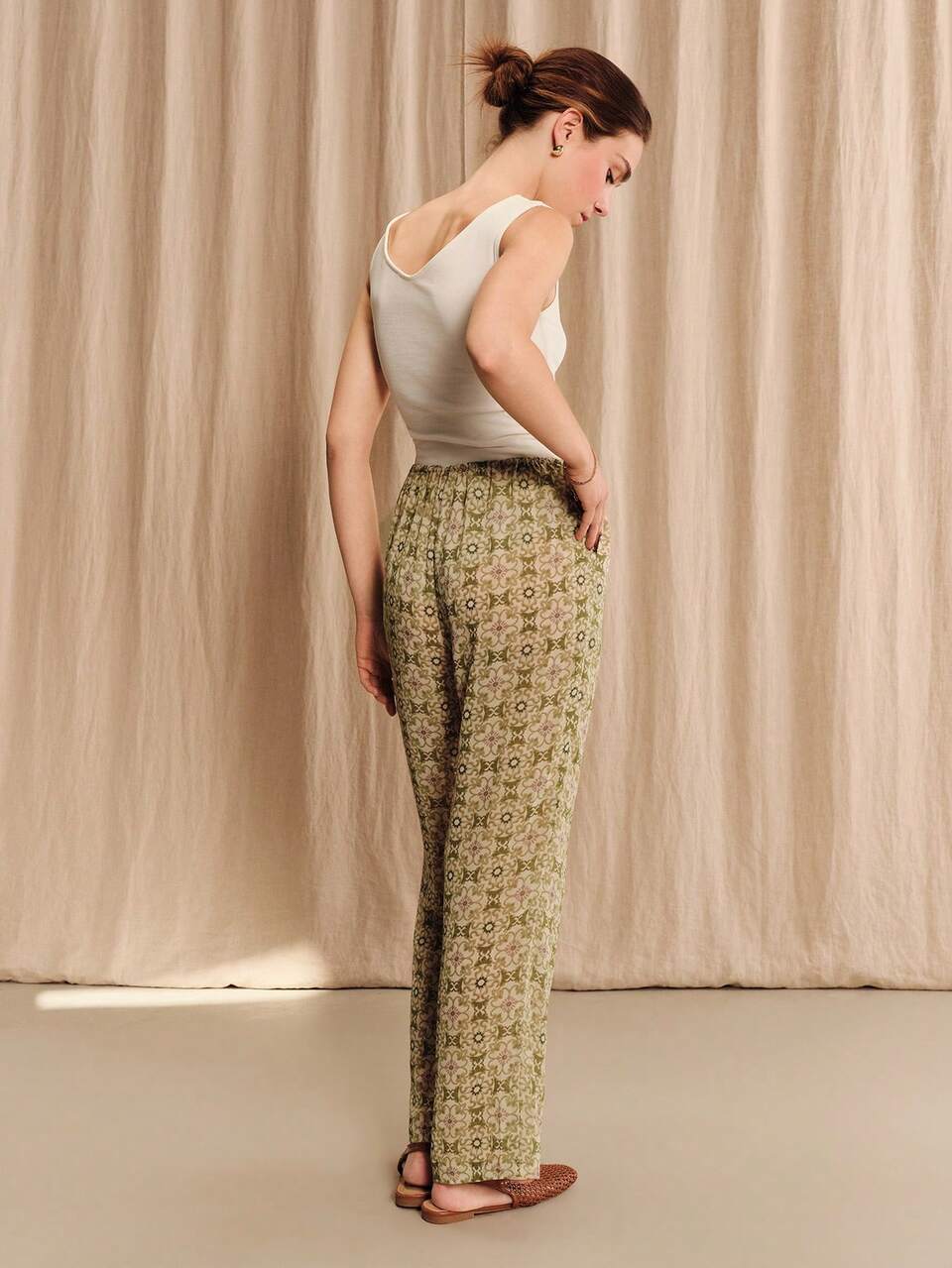 Green Printed Wide-Leg Relaxed Confy Pants With Elastic Waistband And Adjustable Front Tie Summer Holiday Casual Vintage