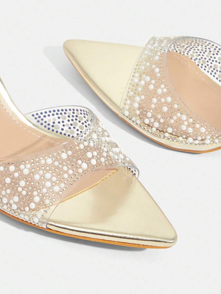 CUCCOO TILAWA Women's Fashion, Women's High-Heeled Sandals, Gold, Pearl Rhinestones, Transparent TPU Material, Pointed, Commuting, Comfort, Indoor, Office, Street, Party, Travel, Vacation, Spring And Summer, Suitable For Dresses, Jeans, Shorts, Stiletto Slippers