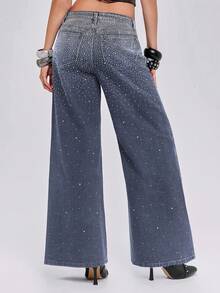 ROMWE Y2k Hot Girl Party Music Festival Outfit Gradient Rhinestone Women's Loose Wide Leg Jeans - Dark Wash - View 6